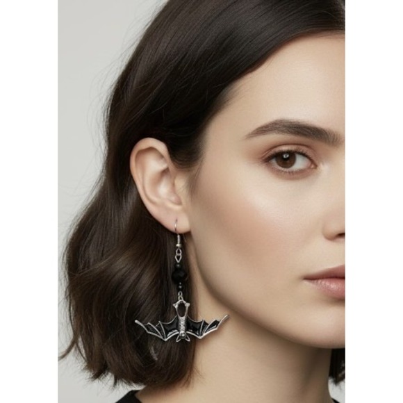 Bat Earrings Black Wings Handmade Handpainted Horror Spooky - Picture 4 of 5